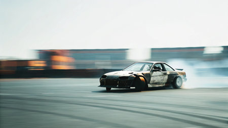 a high speed drift car slides across the racetrack with intense motion blur and thick tire smoke capturing the thrill of motorsport and precision driving in a cinematic action-packed momentの素材
