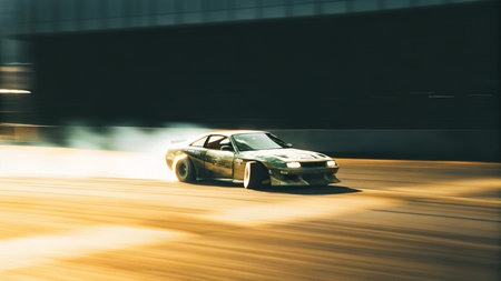a modified sports coupe drifts at high speed on a racetrack with tire smoke and precision control during a motorsport event showcasing performance handling and adrenaline-fueled actionの素材
