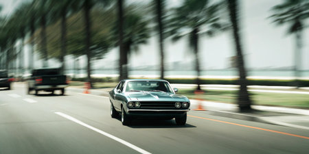 a classic muscle car speeds along a palm-lined coastal road with motion blur capturing its power and vintage charm in a scenic tropical setting perfect for automotive lovers and travel enthusiastsの素材
