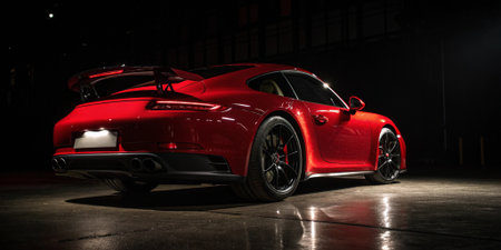 a high-performance red sports car parked indoors with dramatic lighting showcasing its sleek rear design spoiler quad exhaust and alloy wheels perfect for automotive enthusiasts and luxury vehicle brandingの素材