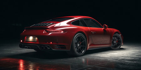 a sleek red sports car captured from the rear in a dramatic low light setting with glossy reflections showcasing its aerodynamic design dual exhaust and black alloy wheels perfect for automotive enthusiasts and visual brandingの素材