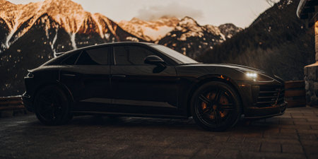 sleek black sports car parked on asphalt with snow mountains at sunset showcasing luxury design and scenic beautyの素材