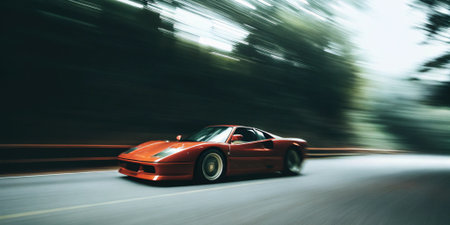 a fast red sports car driving through a forest road with motion blur and dynamic speed emphasizing performance and automotive photographyの素材