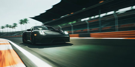 a sleek black sports car captured in motion on a sunny racetrack with palm trees and dynamic blur emphasizing speed and high performanceの素材