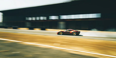 a red sports car drifts at high speed on a racetrack with motion blur smoke and dynamic energyの素材