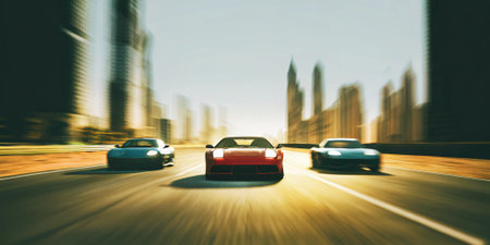 three high speed sports cars race through a wide city highway with motion blur and skyscrapers in the background showcasing urban adrenaline and dynamic automotive performanceの素材