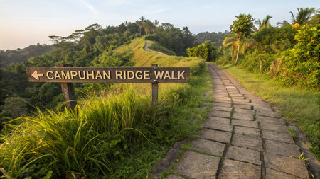 A stone path leads the way along the lush Campuhan Ridge Walk, offering beautiful views of the Balinese countryside.の素材