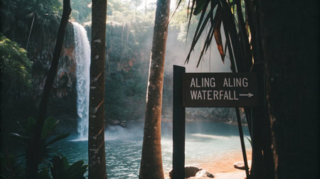 A rustic sign points the way to Aling Aling Waterfall, nestled in Bali&#39;s dense tropical jungle, promising a beautiful natural escape.の素材