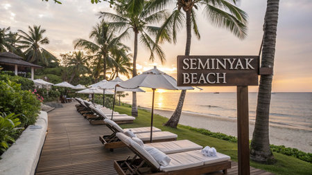 Experience the vibrant golden hour at Seminyak Beach, Bali. Relax on comfortable lounge chairs as the sun dips below the horizon, painting the sky with beautiful colors.の素材