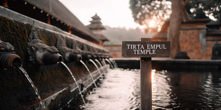 Tirta Empul Temple in Bali features sacred spring water and ancient stone spouts used for purification rituals, a beautiful spiritual landmark.の素材