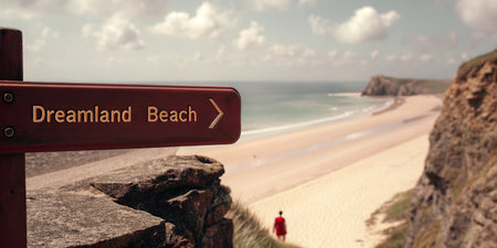 A descriptive sign points the way to a stunning beach, featuring golden sands, clear blue waters, and a tranquil coastal view. This picturesque scene invites relaxation and memorable vacation experiences.の素材