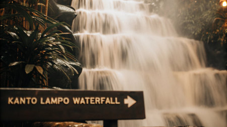 An inviting long-exposure view of Kanto Lampo Waterfall, a picturesque natural wonder in Bali, Indonesia. Follow the sign to this beautiful cascade and explore its tranquil surroundings.の素材