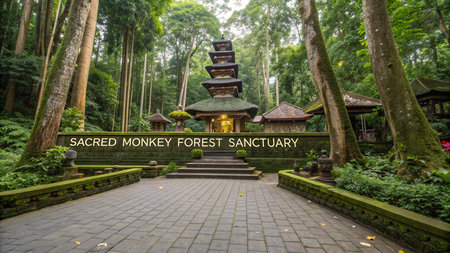Discover the serene entrance to Ubud Balis Sacred Monkey Forest Sanctuary. Witness traditional Balinese architecture, lush tropical greenery, and a sacred site of spiritual significance, home to playful monkeys.の素材