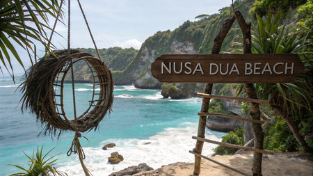 A beautiful scenic view of Nusa Dua Beach in Bali, Indonesia, featuring a rustic sign, woven swing, and stunning turquoise ocean.の素材