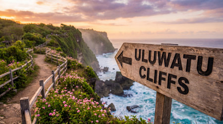 Discover the dramatic Uluwatu Cliffs in Bali, Indonesia, a breathtaking coastal landscape perfect for travel and tourism. This scenic viewpoint, marked by a wooden sign, offers stunning ocean views, especially during golden hour. Explore the famous cliffside path and enjoy the natural beauty.の素材