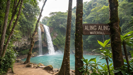 Discover Aling-Aling Waterfall a stunning natural wonder in Bali Indonesia. Its vibrant turquoise pool is framed by lush tropical greenery offering a serene picturesque view.の素材