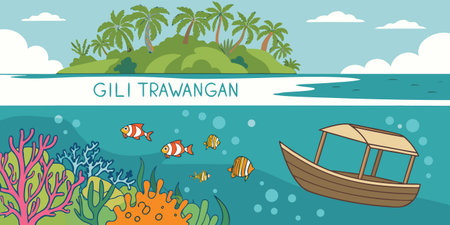 Explore the serene tropical island paradise of Gili Trawangan, Indonesia. Witness vibrant marine life, clear blue waters, colorful coral reefs, and traditional boats near a lush island.のイラスト素材