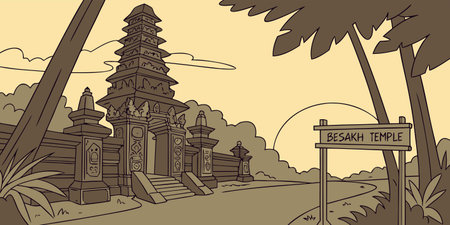 Explore a charming cartoon style drawing of Besakih Temple, Bali. This warm toned illustration showcases the iconic tiered architecture, lush palm trees, and a friendly welcome sign.のイラスト素材