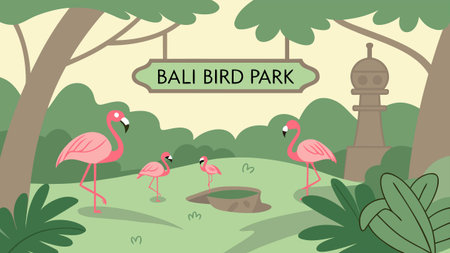 Explore a vibrant flat-style illustration featuring an exotic bird sanctuary. Pink flamingos stand gracefully amidst lush tropical greenery, a welcoming park sign, and a charming small tower. This colorful, whimsical design captures the joyful essence ofのイラスト素材