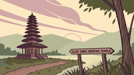 Explore a vibrant cartoon style illustration of the iconic Ulun Danu Beratan Temple. This revered Hindu temple on Lake Bratan in Bali, Indonesia, is beautifully depicted at sunset, offering a serene and scenic view for travelers.のイラスト素材