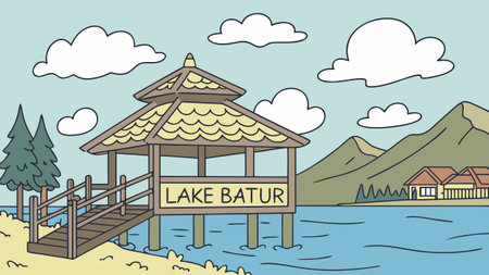 A whimsical and colorful cartoon illustration of a traditional wooden pavilion on stilts over the serene waters of Lake Batur, Indonesia. The scenic background features majestic mountains and soft clouds, creating a charming and picturesque landscape.のイラスト素材