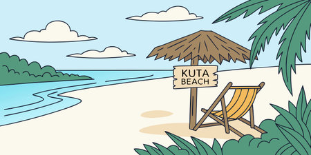 A vibrant cartoon style illustration depicts a serene Kuta Beach scene with a beach chair, thatched umbrella, white sand, and turquoise water. This picturesque tropical escape radiates relaxation and paradise vibes.のイラスト素材
