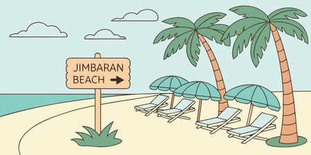 Discover a charming illustration of Jimbaran Beach, Bali. This hand-drawn artwork features tropical palm trees, relaxing lounge chairs under colorful umbrellas, and a welcoming sign for your perfect beach vacation destination. Enjoy the sunny, serene coasのイラスト素材