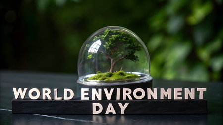 A miniature tree thrives under glass, symbolizing the delicate balance of our planet and the vital need for environmental protection. This image represents a powerful World Environment Day concept, urging us to nurture our future.の素材