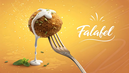 A mouthwatering close up of a perfectly cooked golden falafel ball on a fork, drizzled with creamy sauce and fresh herbs. Enjoy this delicious, authentic, and crispy vegetarian treat.の素材