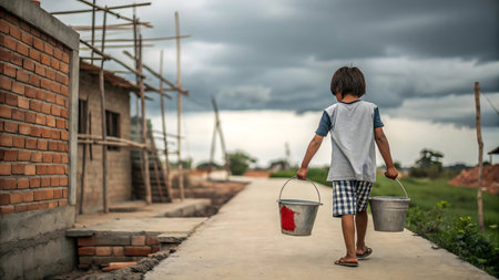 A young boy carries metal buckets along a path beside a partially constructed brick building. This scene illustrates child labor and the daily responsibilities faced by children in rural settings, often due to economic necessity.の素材