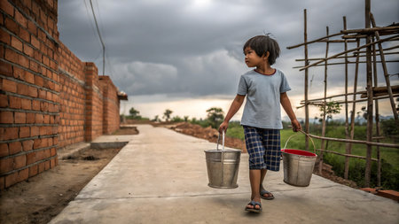 A young boy carries buckets along a rural path, passing a building construction site. The scene, set under a cloudy sky, portrays daily life and community efforts in a developing area.の素材