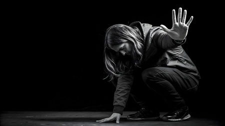 A powerful black and white portrait captures a man crouching in shadow, conveying deep introspection and a complex emotional struggle. This dramatic image shows a figure lost in thought, seeking inner balance and a moment of quiet pause.の素材