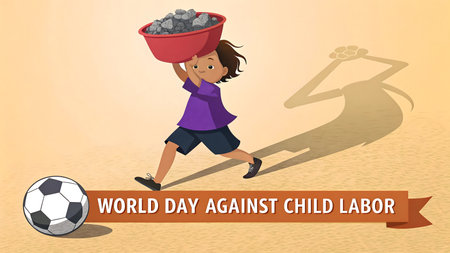 A poignant illustration for World Day Against Child Labor, showing a young girl burdened with heavy loads. Her lost childhood is symbolized by a nearby soccer ball. Every child deserves play, not forced work.の素材
