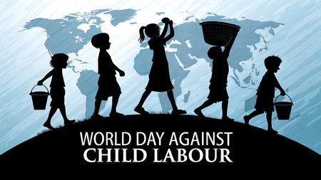 Powerful image for World Day Against Child Labour. Children carrying burdens against a world map raise awareness about global child exploitation.の素材
