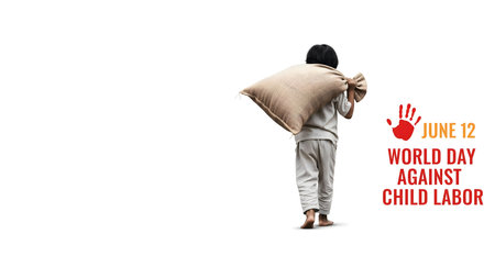World Day Against Child Labor on June 12. This image shows a child's heavy burden, symbolizing the exploitation faced by many. Help stop child labor and protect young futures from harm and forced work.の素材