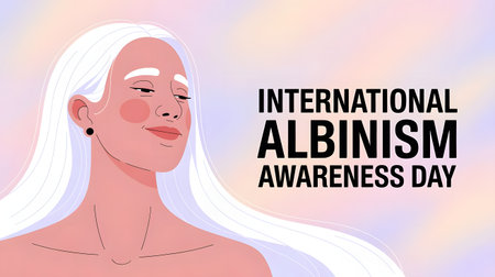 This stylized illustration raises awareness for albinism on International Albinism Awareness Day. It features a person with pale skin and white hair, celebrating diversity and promoting understanding.の素材