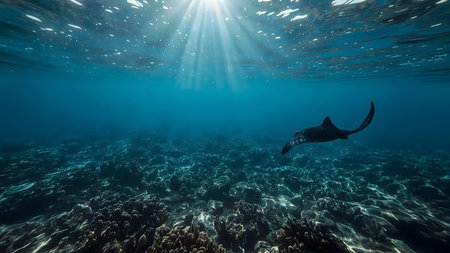 Sunlight streams down on a manta ray gracefully swimming above a vibrant coral reef.の素材