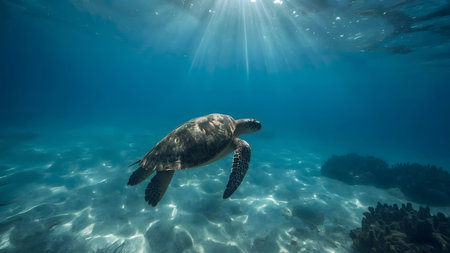 A beautiful sea turtle glides peacefully through its natural underwater habitat. Sunlight illuminates the sandy seabed, highlighting this majestic marine creature's shell patterns.の素材
