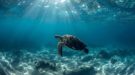 A sea turtle swims through plastic pollution, a stark visual of the environmental crisis. This image highlights the critical impact of ocean waste on marine wildlife, urging global action for conservation and ocean cleanup efforts.の素材