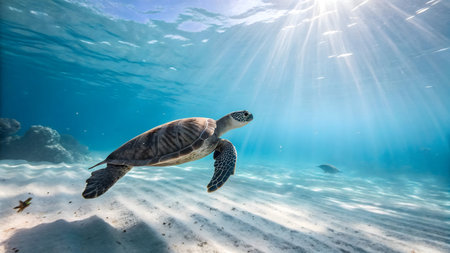 Witness the breathtaking beauty of a sea turtle gracefully swimming through sun-dappled ocean waters. This captivating underwater scene shows a majestic marine creature in its pristine natural habitat. Enjoy the serene tranquility.の素材