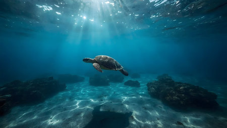 A majestic green sea turtle gracefully swims through clear, sun-dappled ocean waters. This peaceful underwater scene highlights nature's beauty and the serene marine environment. Observe this ocean wanderer exploring its tranquil home over a rocky seabed.の素材