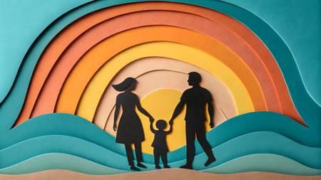 Discover a heartwarming paper art scene. This unique piece features a family silhouette against a vibrant, layered sunset, creating a warm and inviting atmosphere. Its a beautiful handcrafted artwork with depth and rich, colorful tones.の素材
