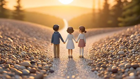 A stylized depiction of a family of three walking hand-in-hand towards a beautiful, warm sunset on a pebble path. This peaceful scene captures togetherness, hope, and a journey into a brighter future. Ideal for evoking feelings of love and serenity.の素材