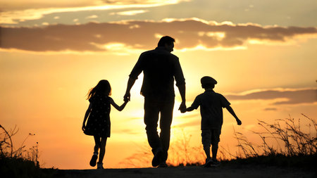 A beautiful family moment captured at sunset. A father and his children walk hand in hand, silhouetted against the vibrant, warm glow of the evening sky. This peaceful scene perfectly illustrates a loving bond.の素材