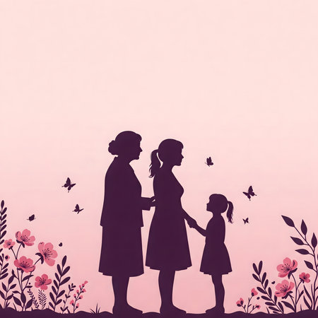 This heartwarming illustration captures three generations of women a grandmother, mother, and daughter holding hands. It's a beautiful silhouette surrounded by delicate flowers and butterflies, symbolizing enduring family love and strong generational bondの素材