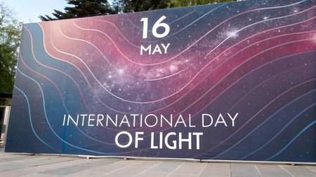 A vibrant banner showcases the International Day of Light on May 16th. Its cosmic galaxy design creates a striking visual, perfect for celebrating science, technology, and art worldwide.の素材