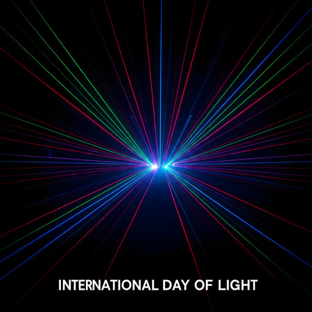 Experience a vibrant abstract light display celebrating the International Day of Light. This stunning visual represents the power and beauty of light, marking a global recognition of its importance in science, art, and daily life.の素材