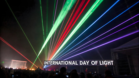 A vibrant laser light show illuminates the night sky, celebrating the International Day of Light. Colorful beams create a spectacular display for a gathered crowd, highlighting science and technology.の素材