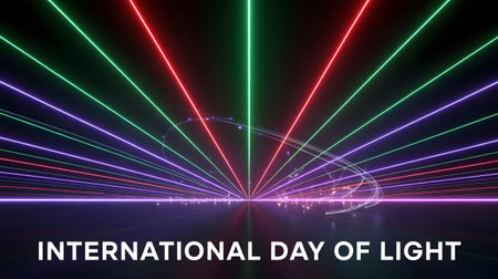 Celebrate the International Day of Light with a vibrant display of abstract, colorful light beams. This stunning visual represents the science and art of light.の素材