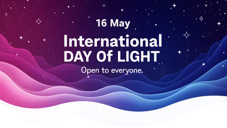 A vibrant graphic celebrates the International Day of Light on May 16th. This beautiful design features starry elements and flowing waves of color, promoting a message of inclusivity. Discover more about this global observation.の素材